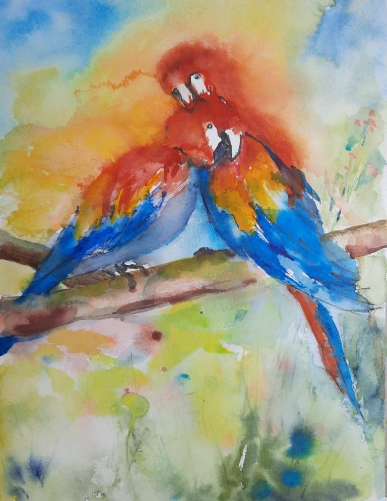 Christel Lehmkuhl Papageien Aquarell